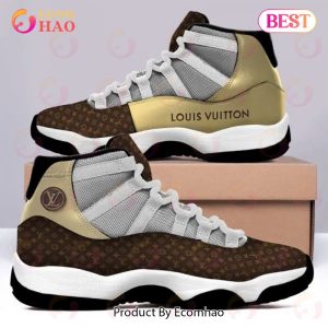 Louis Vuitton Brown Gold Air Jordan 11 Sneakers Shoes Hot 2023 LV Gifts Unisex