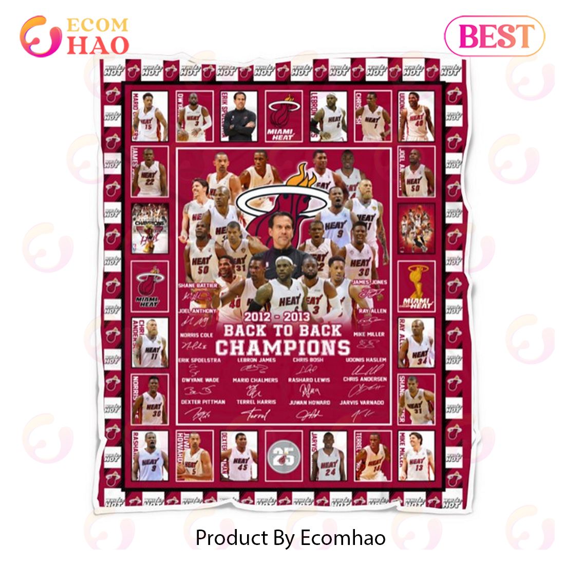 Miami Heat 2012 – 2013 Back To Back Champions Quilt, Fleece Blanker, Sherpa Fleece Blanket