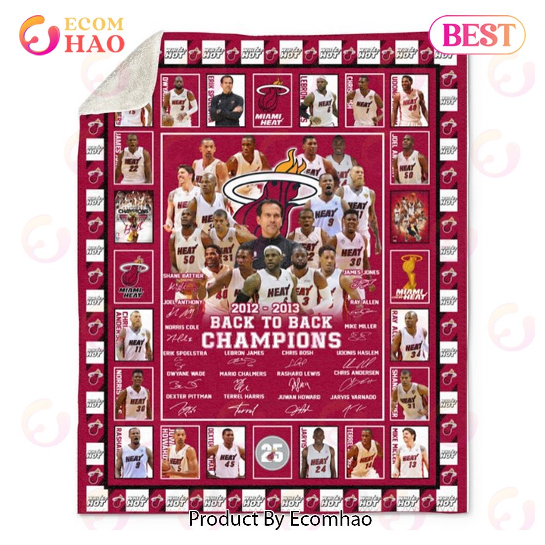 Miami Heat 2012 – 2013 Back To Back Champions Quilt, Fleece Blanker, Sherpa Fleece Blanket