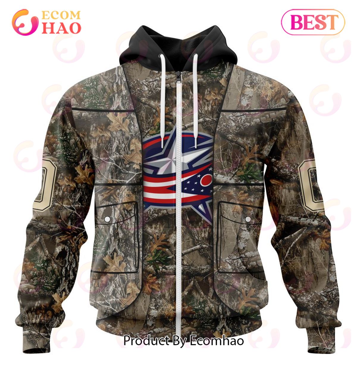 NHL Columbus Blue Jackets Specialized Unisex Vest Kits With Realtree Camo 3D Hoodie