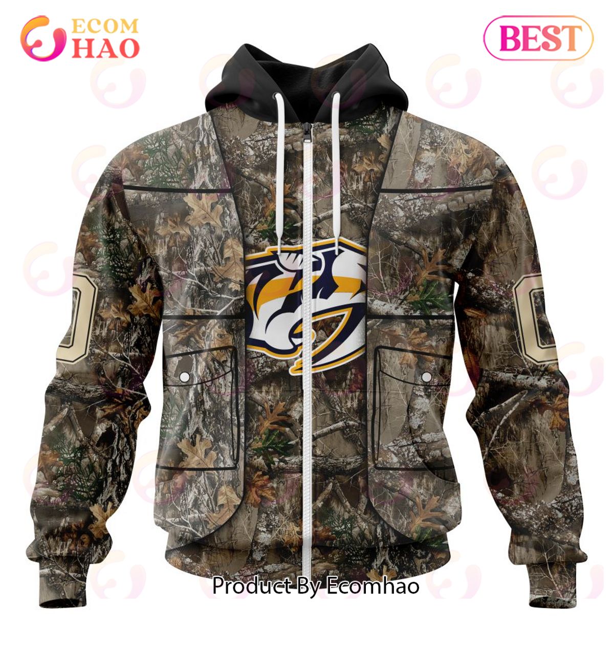 NHL Nashville Predators Specialized Unisex Vest Kits With Realtree Camo 3D Hoodie