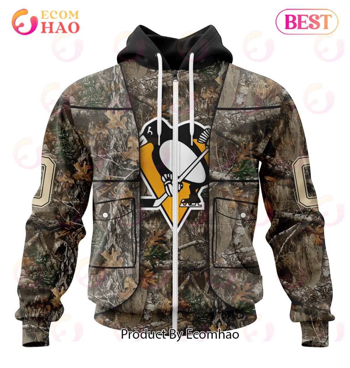 NHL Pittsburgh Penguins Specialized Unisex Vest Kits With Realtree Camo 3D Hoodie