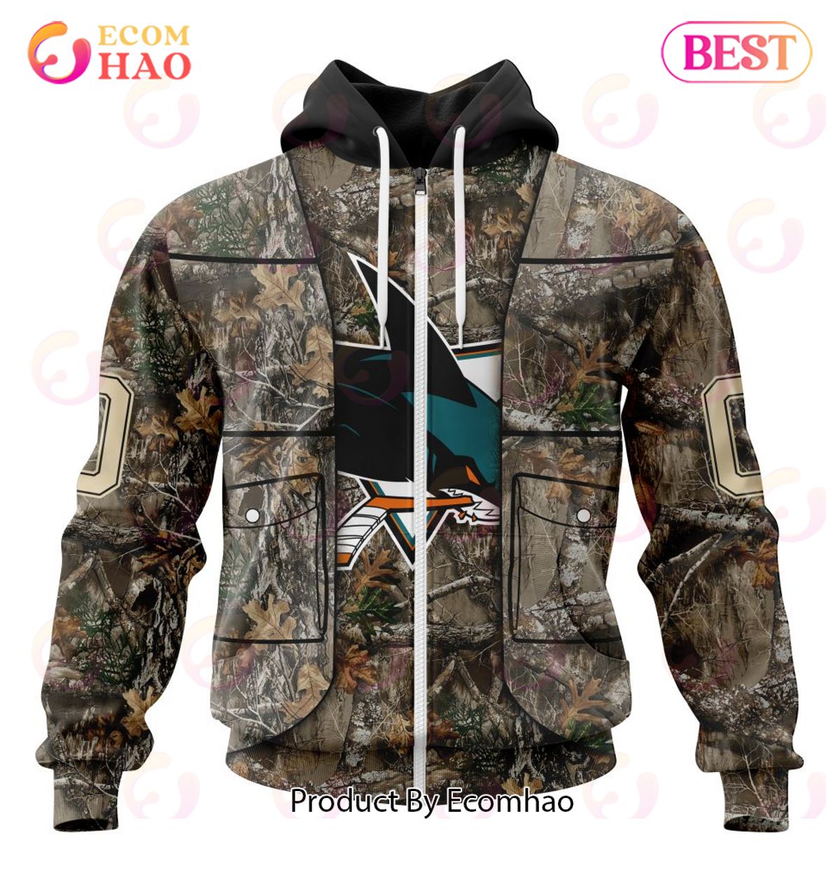 NHL San Jose Sharks Specialized Unisex Vest Kits With Realtree Camo 3D Hoodie