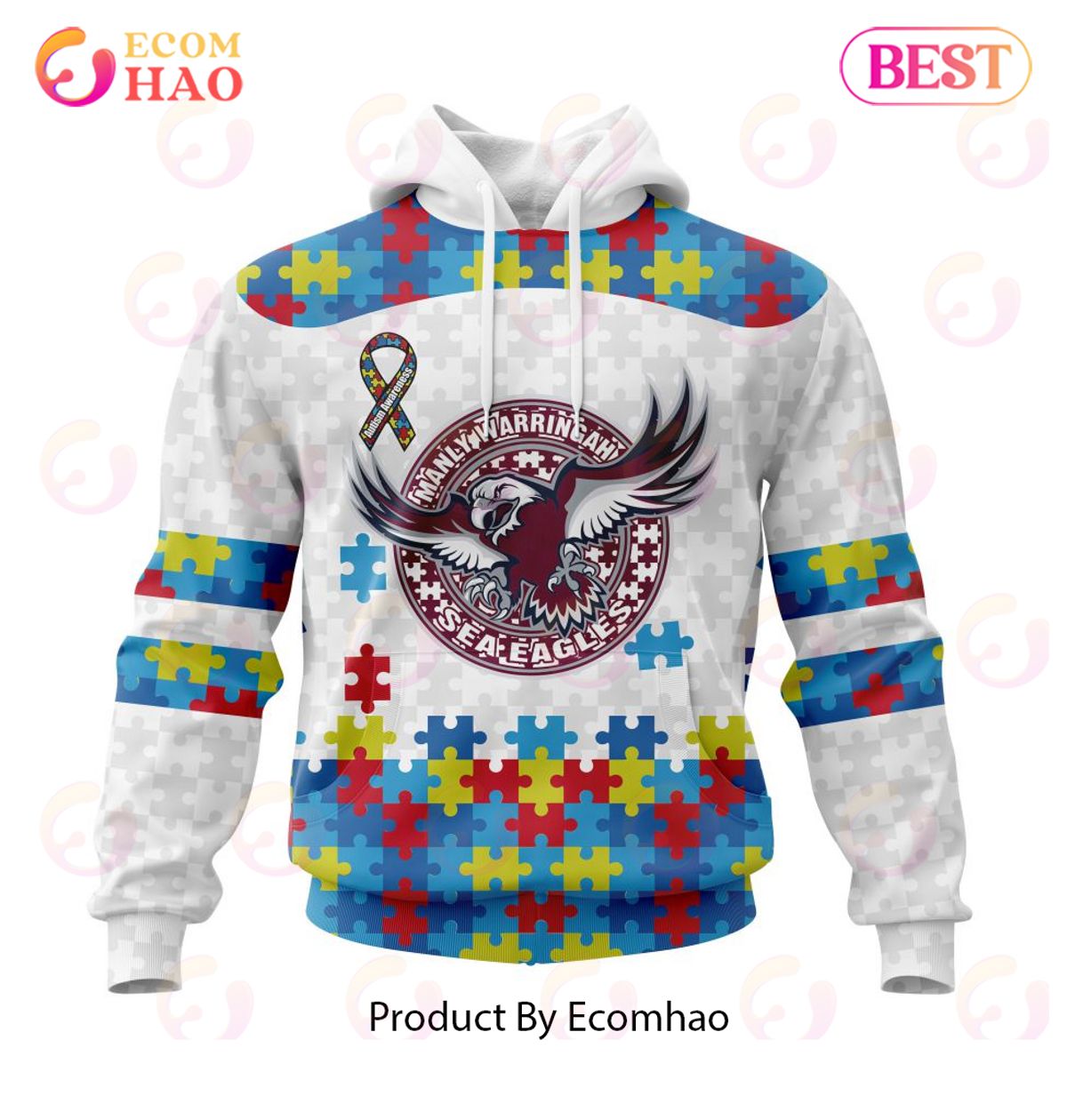 NRL Manly Warringah Sea Eagles Autism Awareness Concept Kits 3D Hoodie