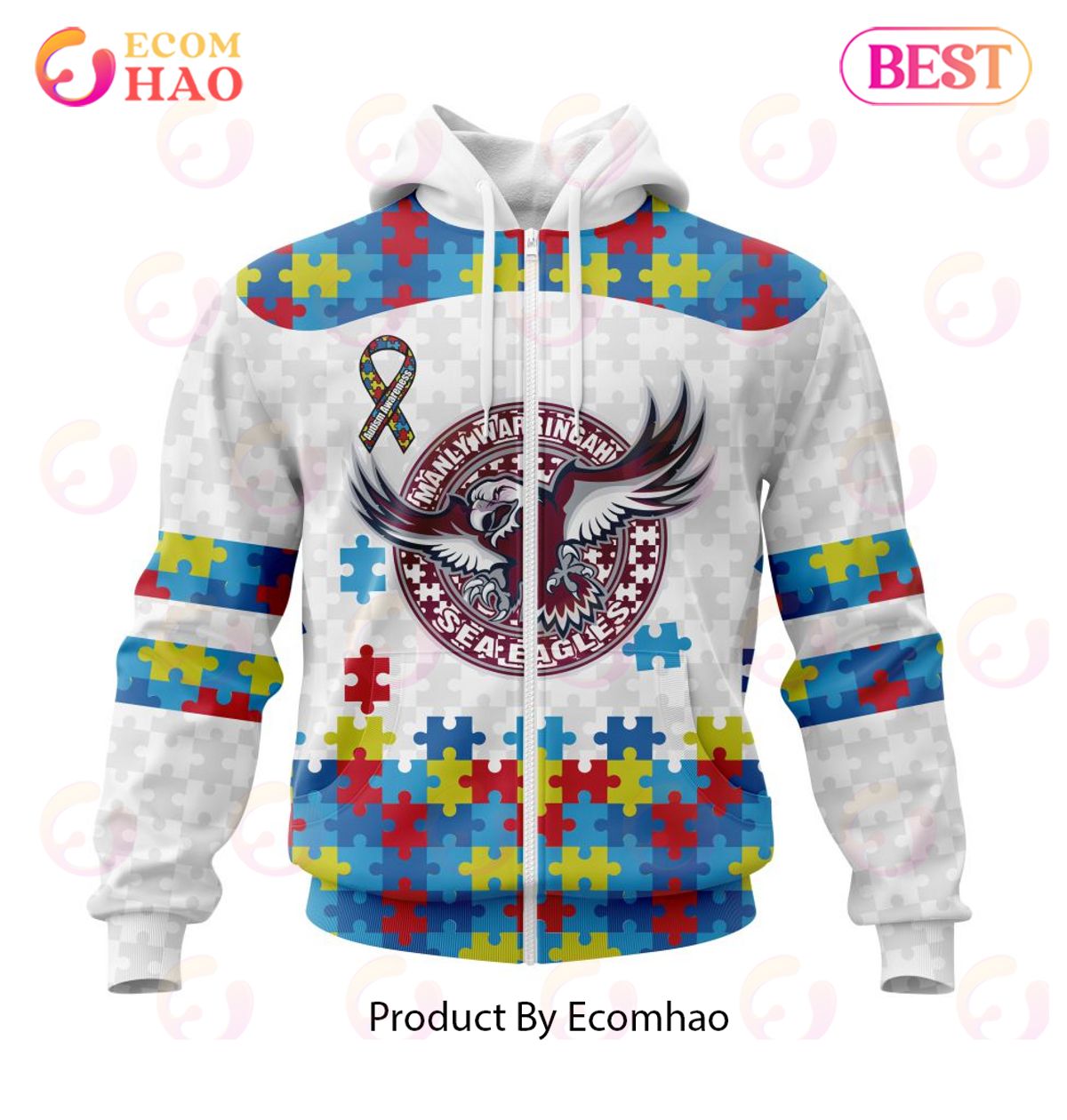 NRL Manly Warringah Sea Eagles Autism Awareness Concept Kits 3D Hoodie