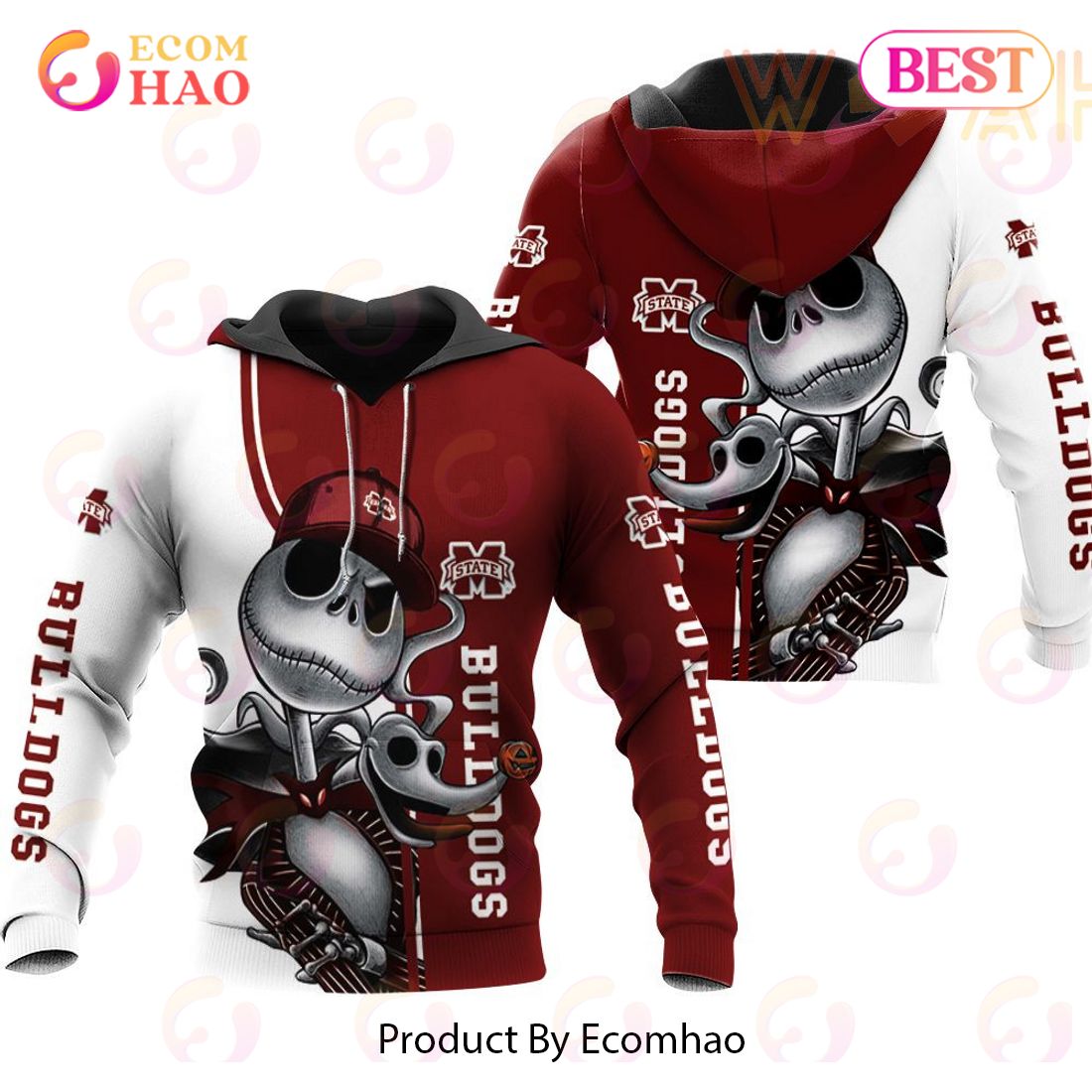 Mississippi State Bulldogs Jack Skellington And Zero 3D Hoodie