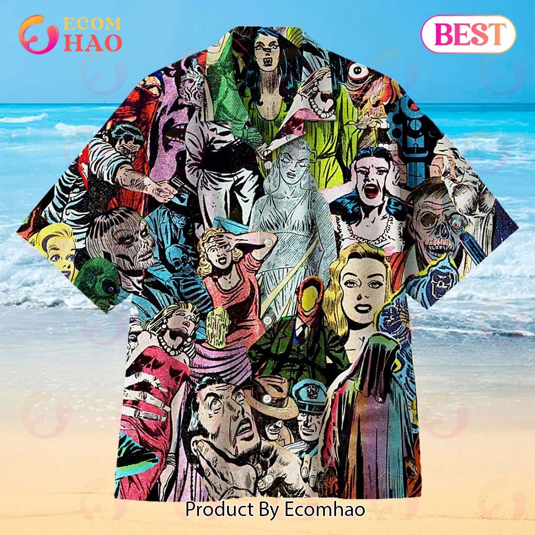 1950s Horror Comics Hawaiian Beach Button Downs Shirt