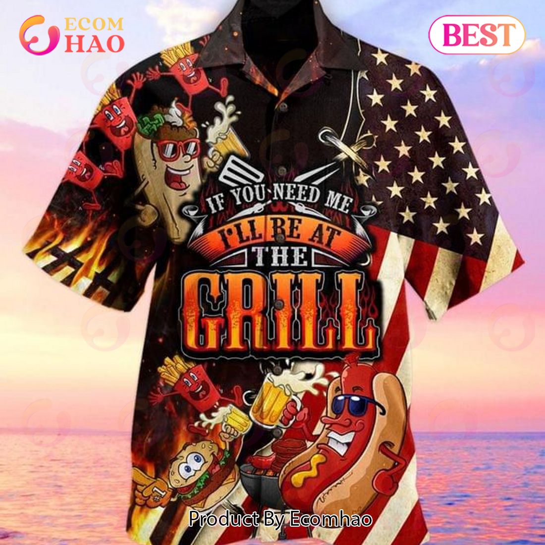 American Flag If You Need Me I’ll Be At The Grill Print Hawaiian Shirt