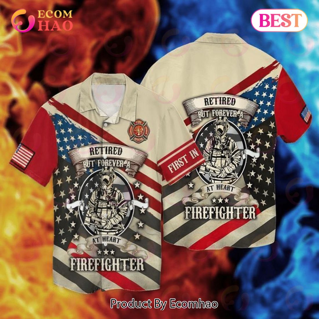 American Flag Retired Firefighter Retired But Forver A At Heart Firefjghter Hawaiian Shirt