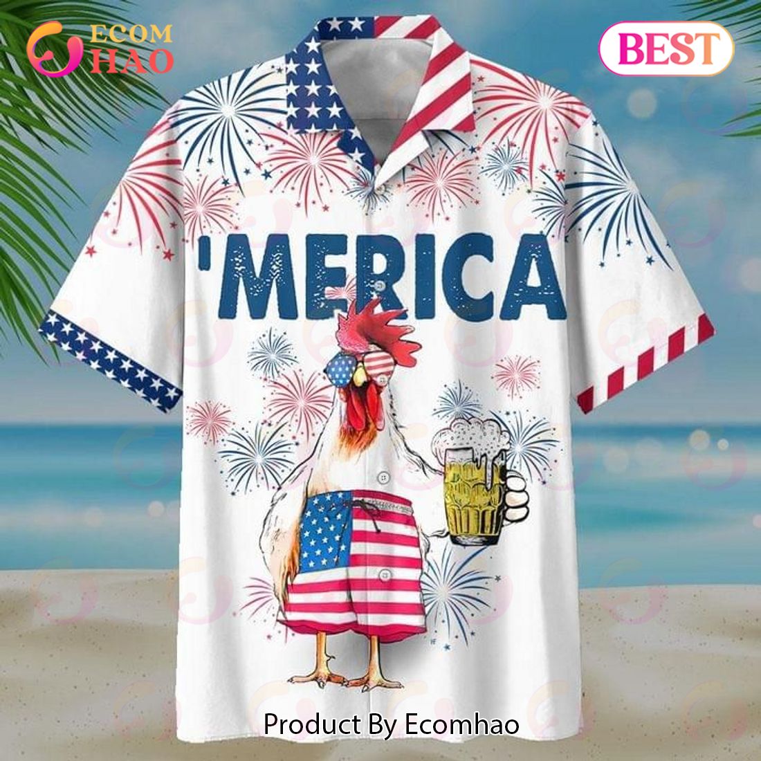 American Flag Rooster Drink Beer Print Hawaiian Shirt