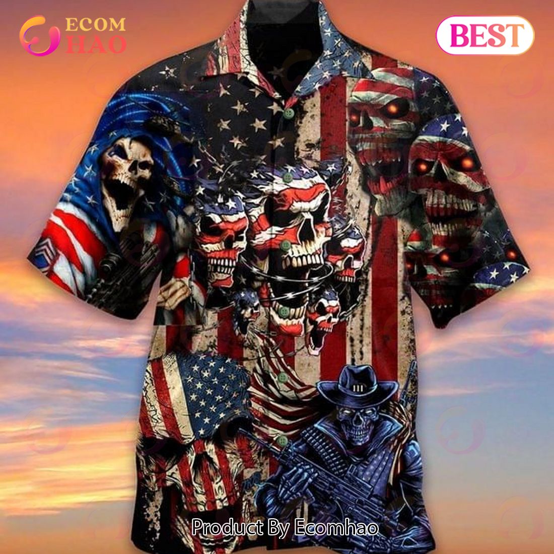 American Flag Skeleton Print Hawaiian Shirt