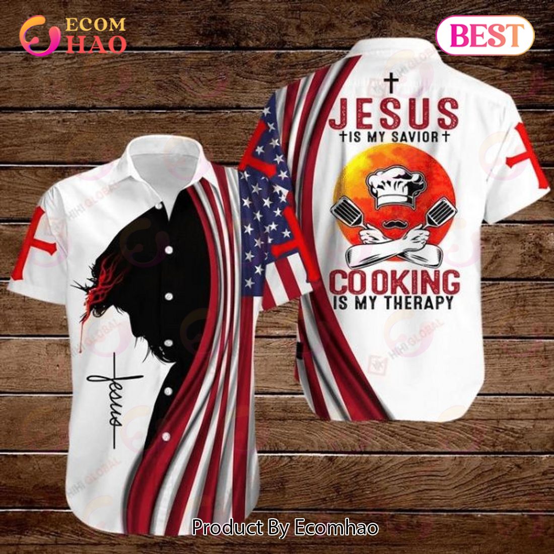 American Flags Cross 4th Of July Independence Day Jesus Is My Savior Cooking Is My Therapy Hawaiian Shirt