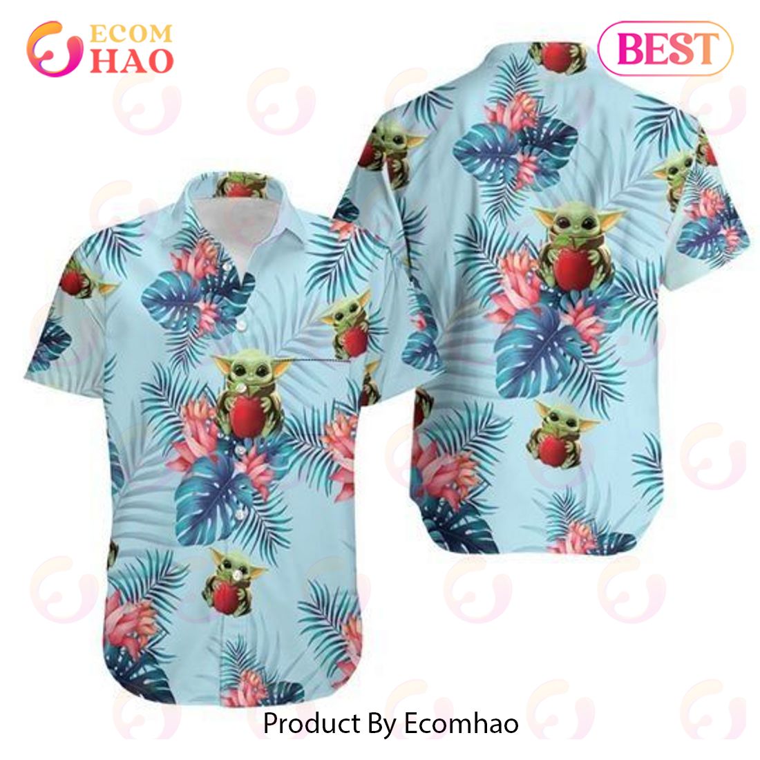 Baby Yoda Hugging Apples Seamless Tropical Colorful Flowers Blue Leaves On Blue Hawaiian Shirt