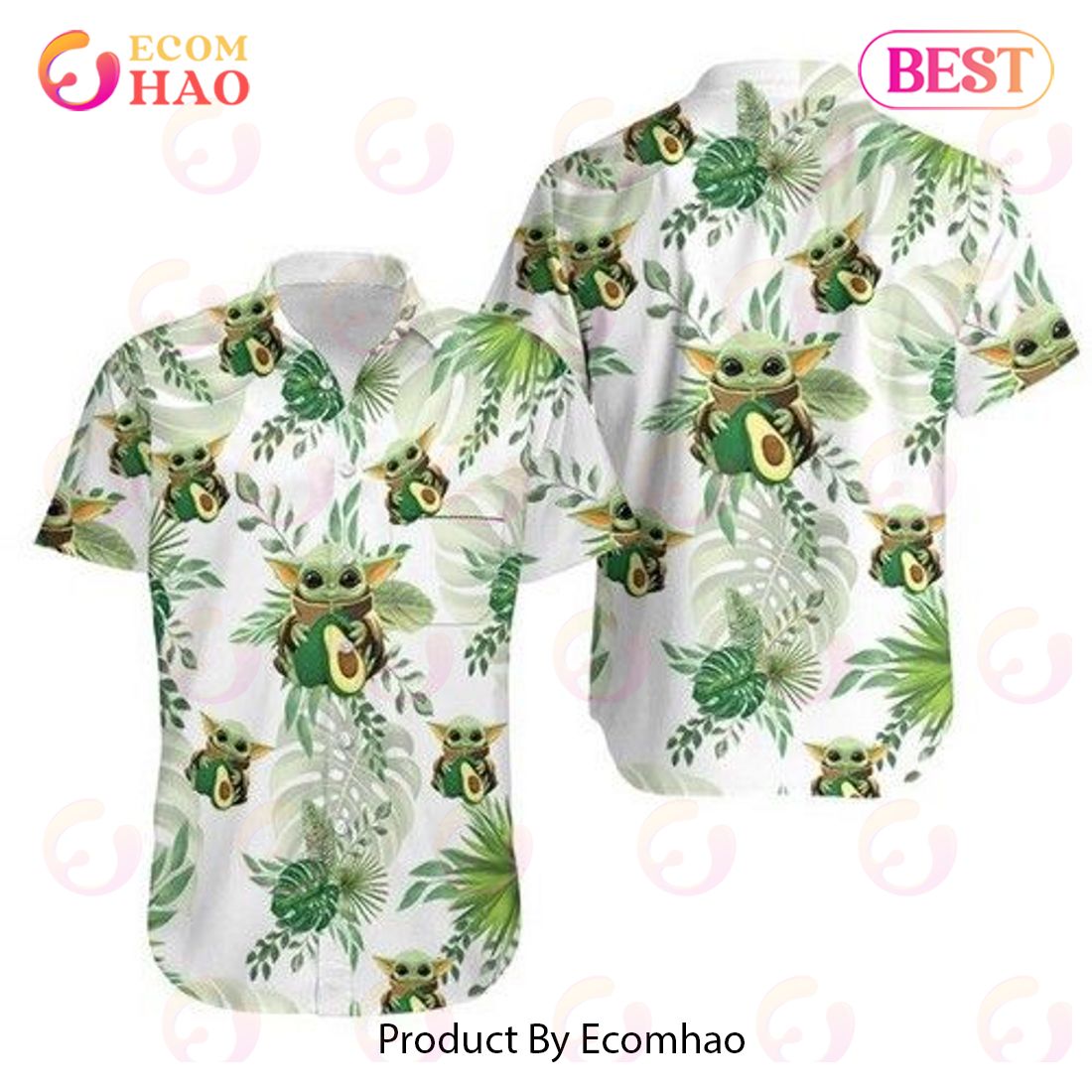 Baby Yoda Hugging Avocadoes Tropical Leaves Hawaiian Shirt