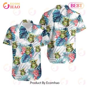 Baby Yoda Hugging Coconuts Seamless Tropical Blue Leaves Colorful Flowers On White Hawaiian Shirt