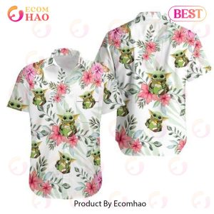 Baby Yoda Hugging Coconuts Seamless Tropical Colorful Flowers On White Hawaiian Shirt