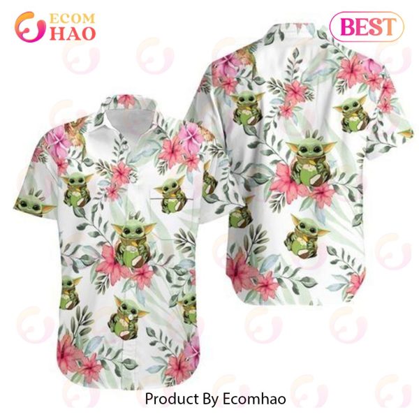 Baby Yoda Hugging Coconuts Seamless Tropical Colorful Flowers On White Hawaiian Shirt