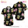 Baby Yoda Hugging Coconuts Seamless Tropical Colorful Flowers On White Hawaiian Shirt