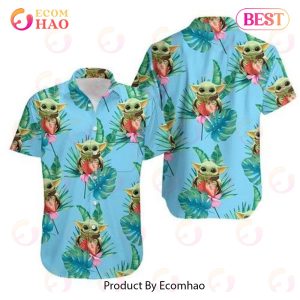 Baby Yoda Hugging Strawberries Tropical Leaves Hawaiian Shirt