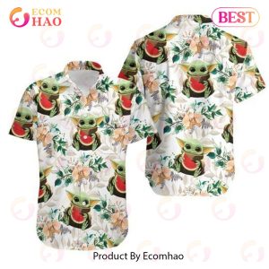 Baby Yoda Hugging Watermelons Seamless Tropical Colorful Flowers On White Hawaiian Shirt