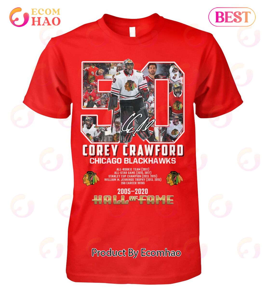 Corey Crawford 50 Chicago Blackhawks 2005 – 2020 Hall Of Fame T-Shirt