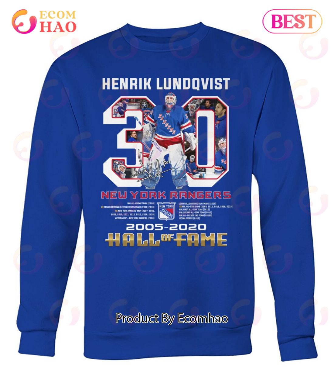 Henrik Lundqvist 30 New York Rangers 2005 - 2020 Hall Of Fame T-Shirt