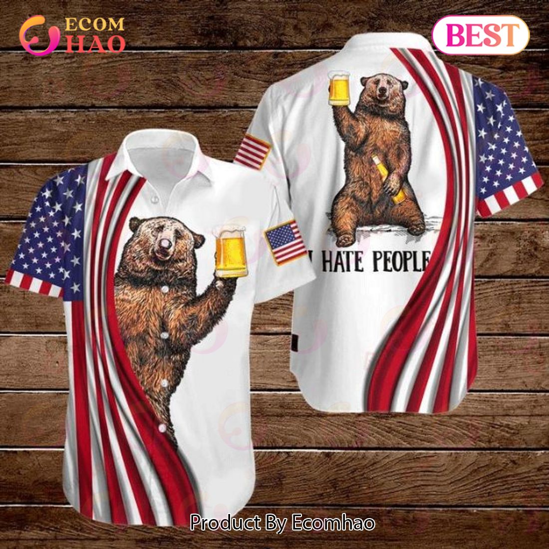 Bear And Beer American Flag 4th Of July Independence Day I Hate People Hawaiian Shirt
