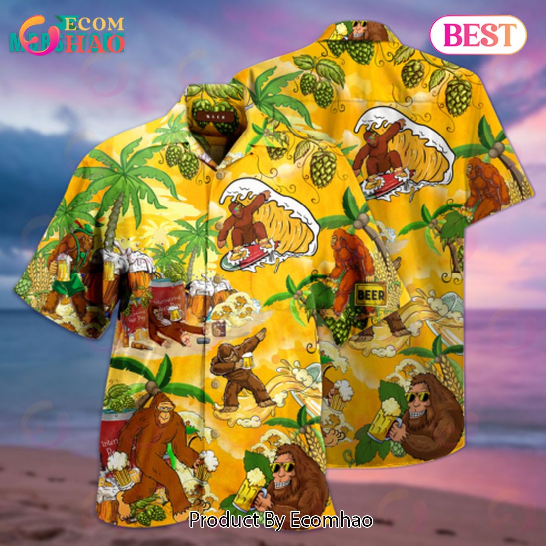Bigfoot Summer Beer Aloha Vintage Beach Sleeve Hawaiian Shirt