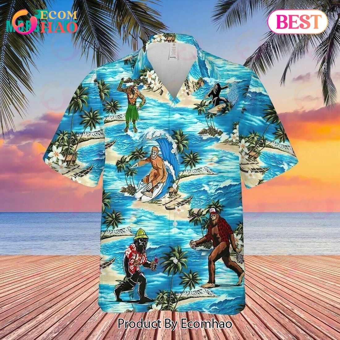 Bigfoot Surfing Summer Vintage Beach Carrying Hotdog Button Down Hawaiian Shirt