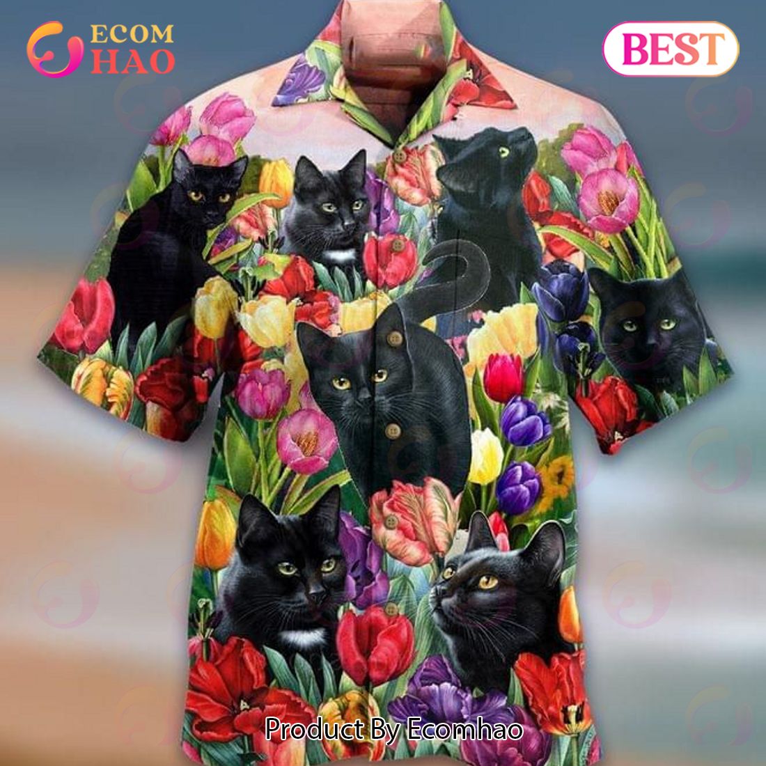 Black Cat Tropical Flowers Print Hawaiian Shirt