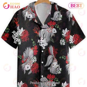 Black Koi Fish And Flowers Hawaiian Shirt