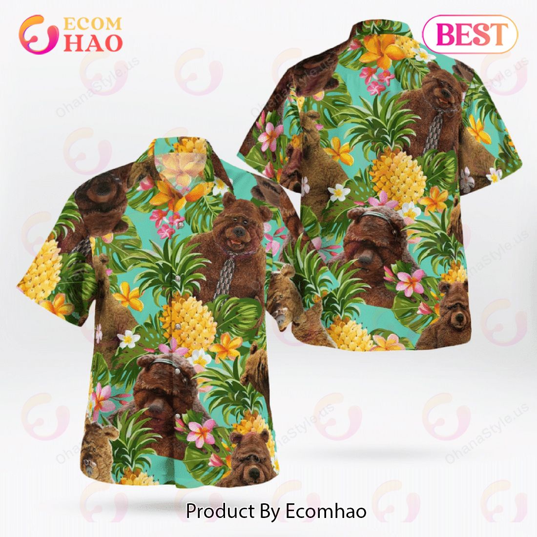 Bobo The Bear Cute Pineapple Tropical Hawaiian Shirt