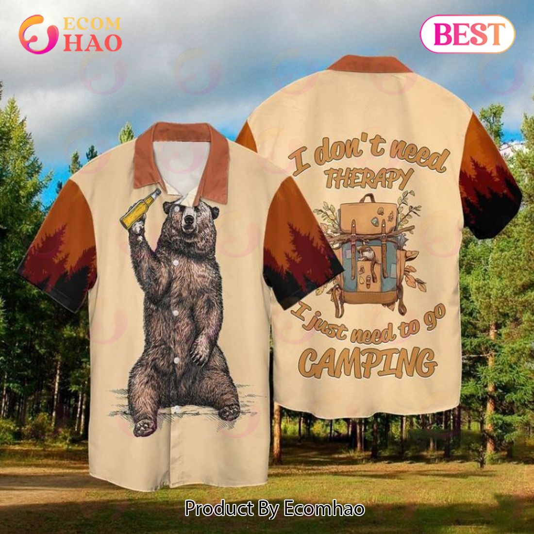 Camping The Bear With Wine I Don’t Need Therapy I Just Need To Go Camping Hawaiian Shirt