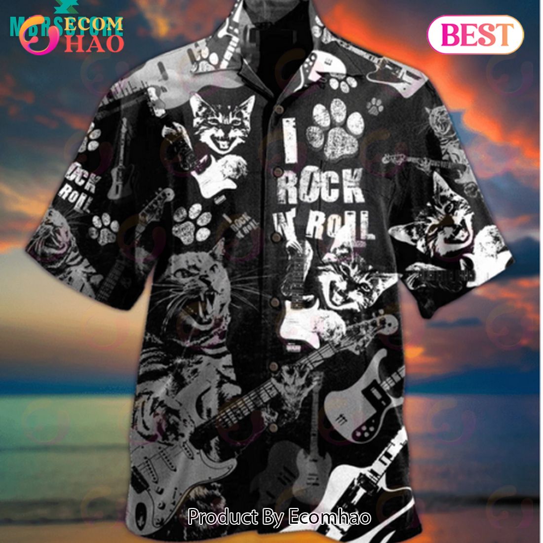 Cat Rock D Roll Cool Music Lover Short-Sleeve Rock Music Button Up Hawaiian Shirt