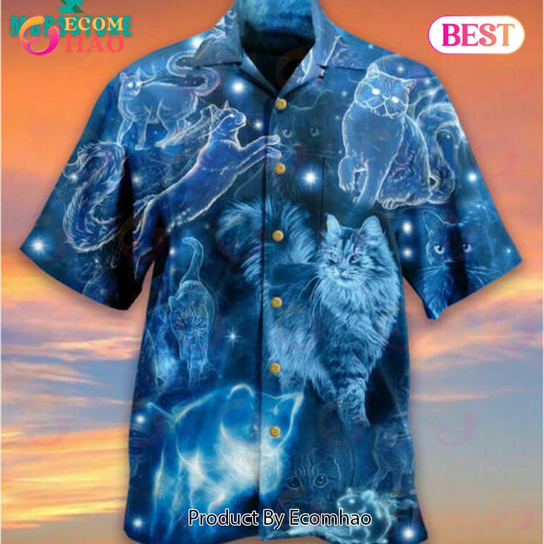 Cats Love Blue Neon Vintage Beach Button Down Hawaiian Shirt