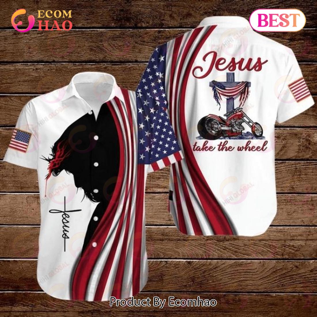 Cross Jesus Bible Americal Flag Biker Jesus Take The Wheel Hawaiian Shirt