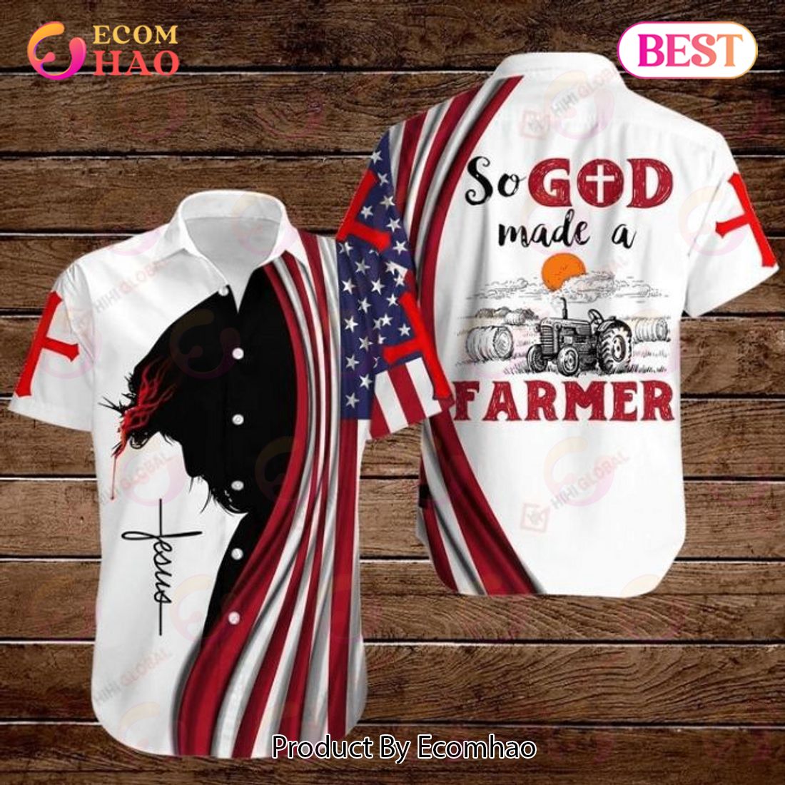 Cross Jesus Bible American Flag Tractor Farmer So God Made A Farmer Hawaiian Shirt