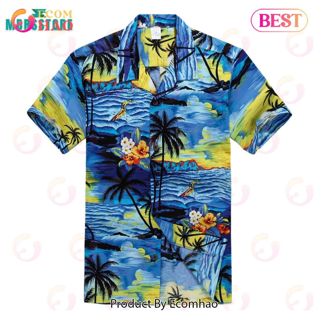 Cruise Tropical Luau Beach Party Blue Sunset Palm Tree Hawaiian Shirt