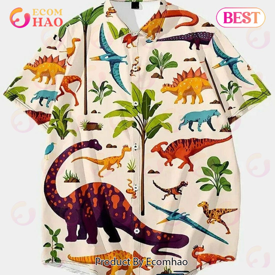 Dinosaurs Cartoon Beach Summer Beach Vintage Button Down Hawaiian Shirt