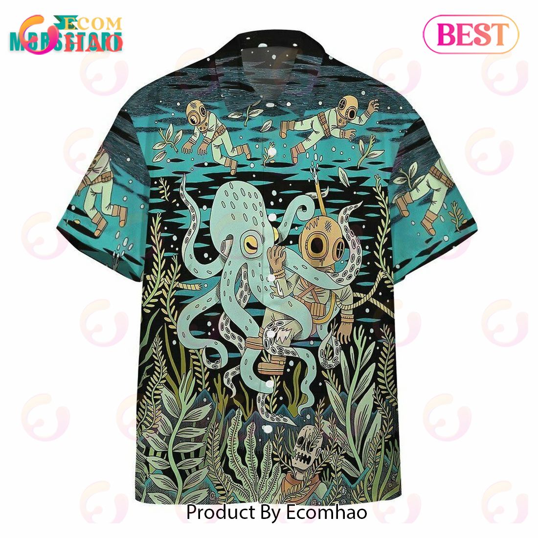 Diver Fighting With Octopus Button Down Short Sleeve Series Vintage Beach Hawaiian Shirt