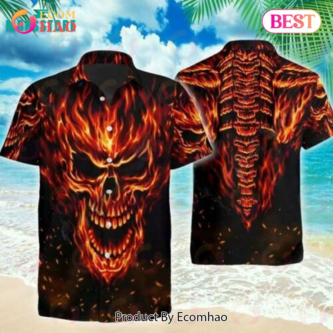 Fire Skull Lover Costume Beach Summer Short Sleeve Button Down Hawaiian Shirt