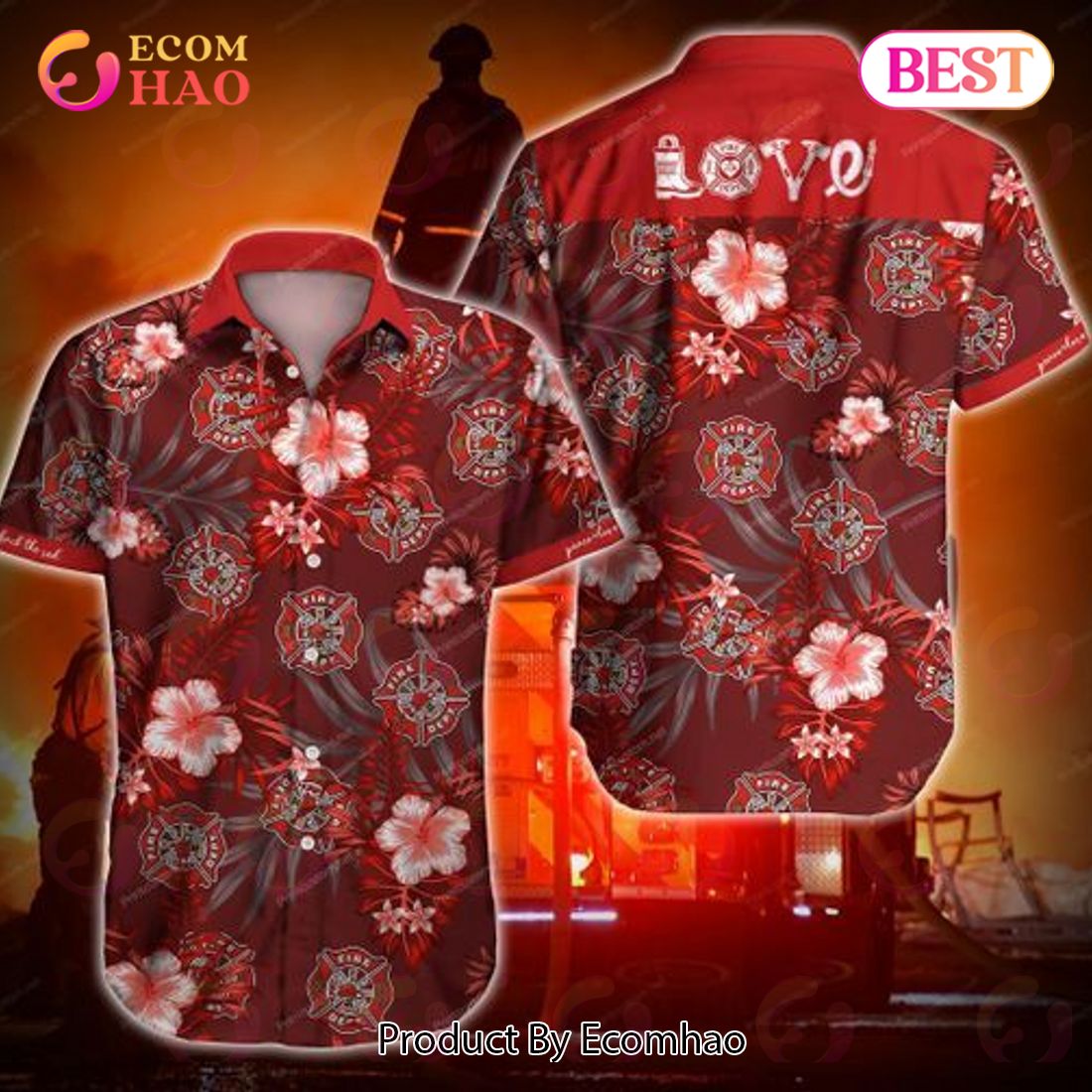 Firefighter Redd Love Red Hawaiian Shirt