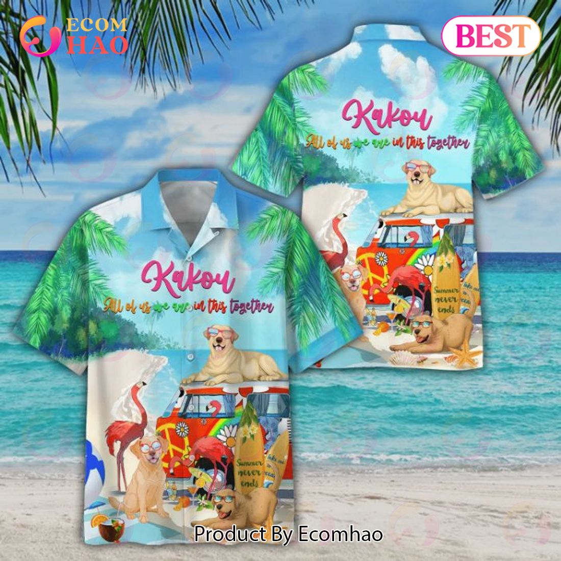 Flamingo And Dogs In The Beach Kakow All Of Us We In This Together Print Hawaiian Shirt