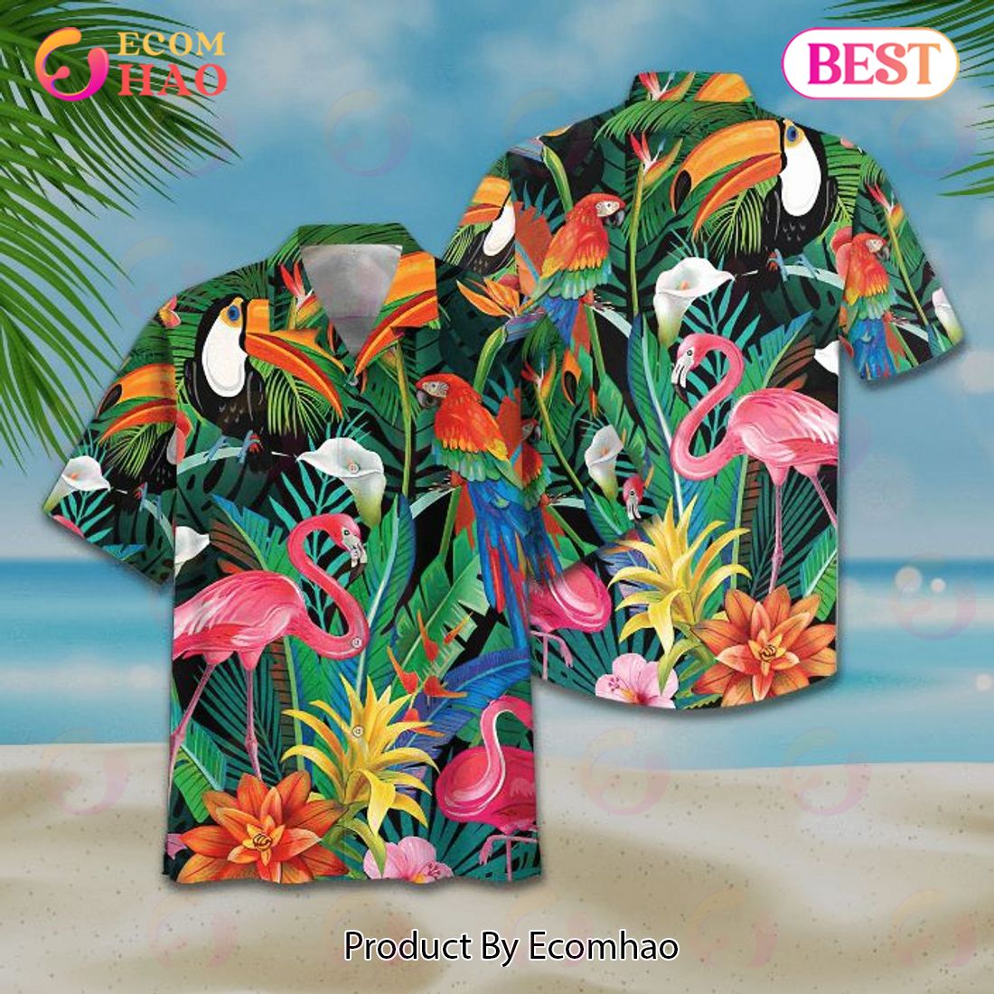 Flamingo And Parrot Tropical Flowers Print Hawaiian Shirt