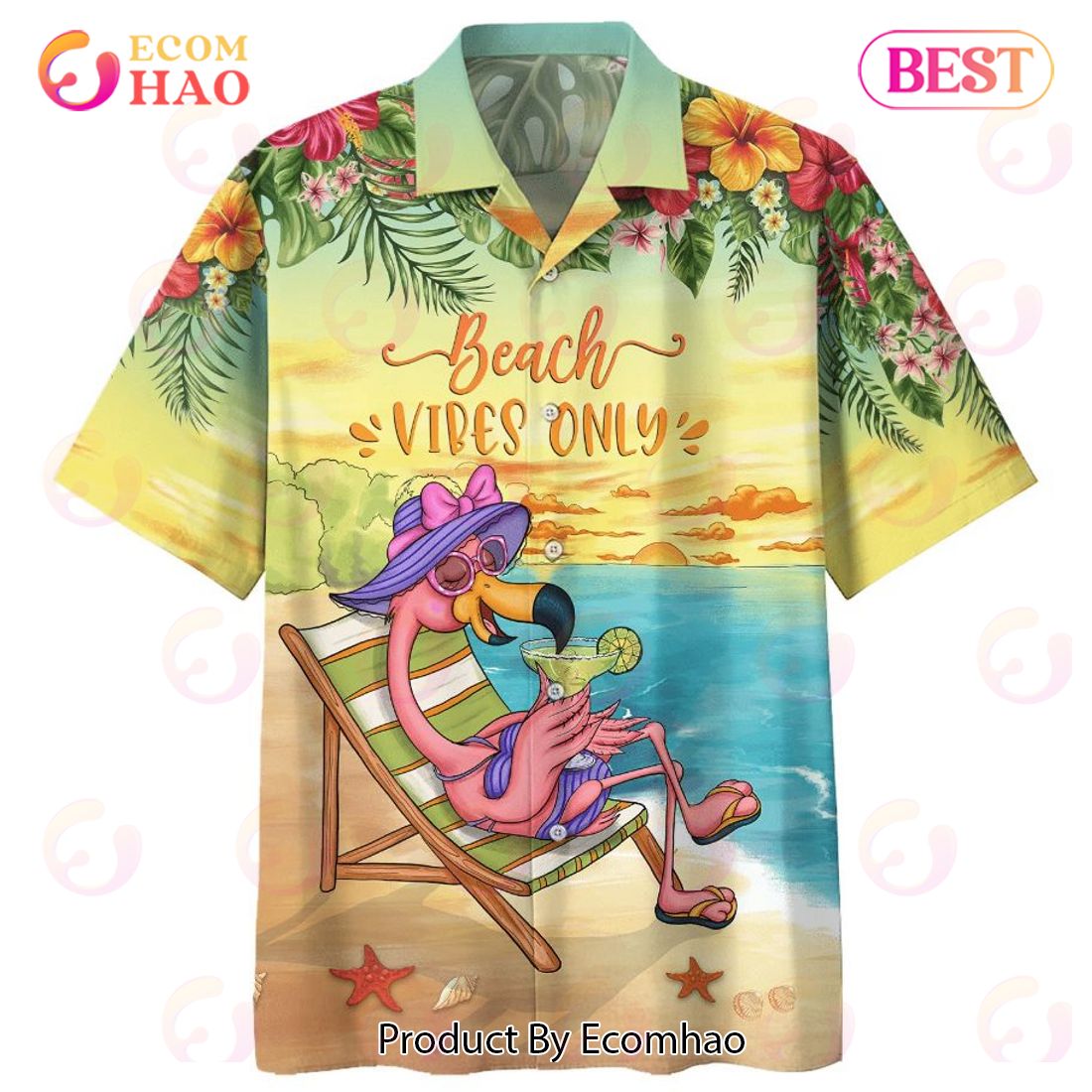 Flamingo Beach Vibes Only Print Hawaiian Shirt
