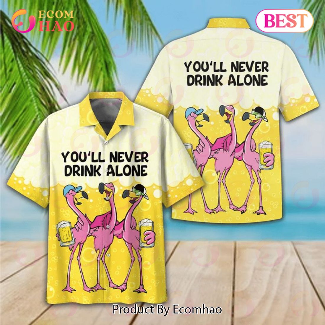 Flamingo Drink Beer You’ll Never Drink Alone Print Hawaiian Shirt