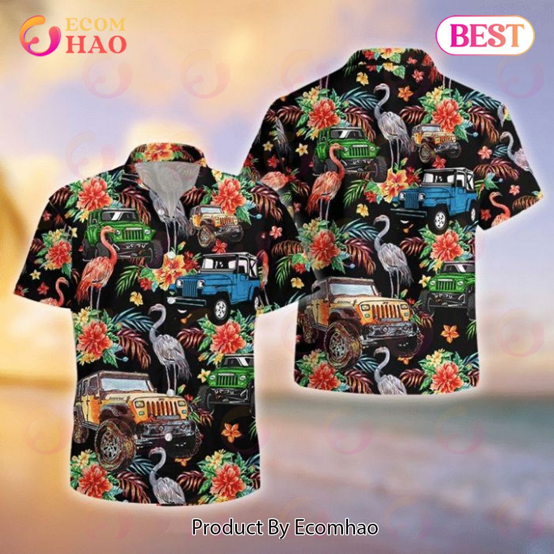 Flamingo Driver Jeep Print Hawaiian Shirt