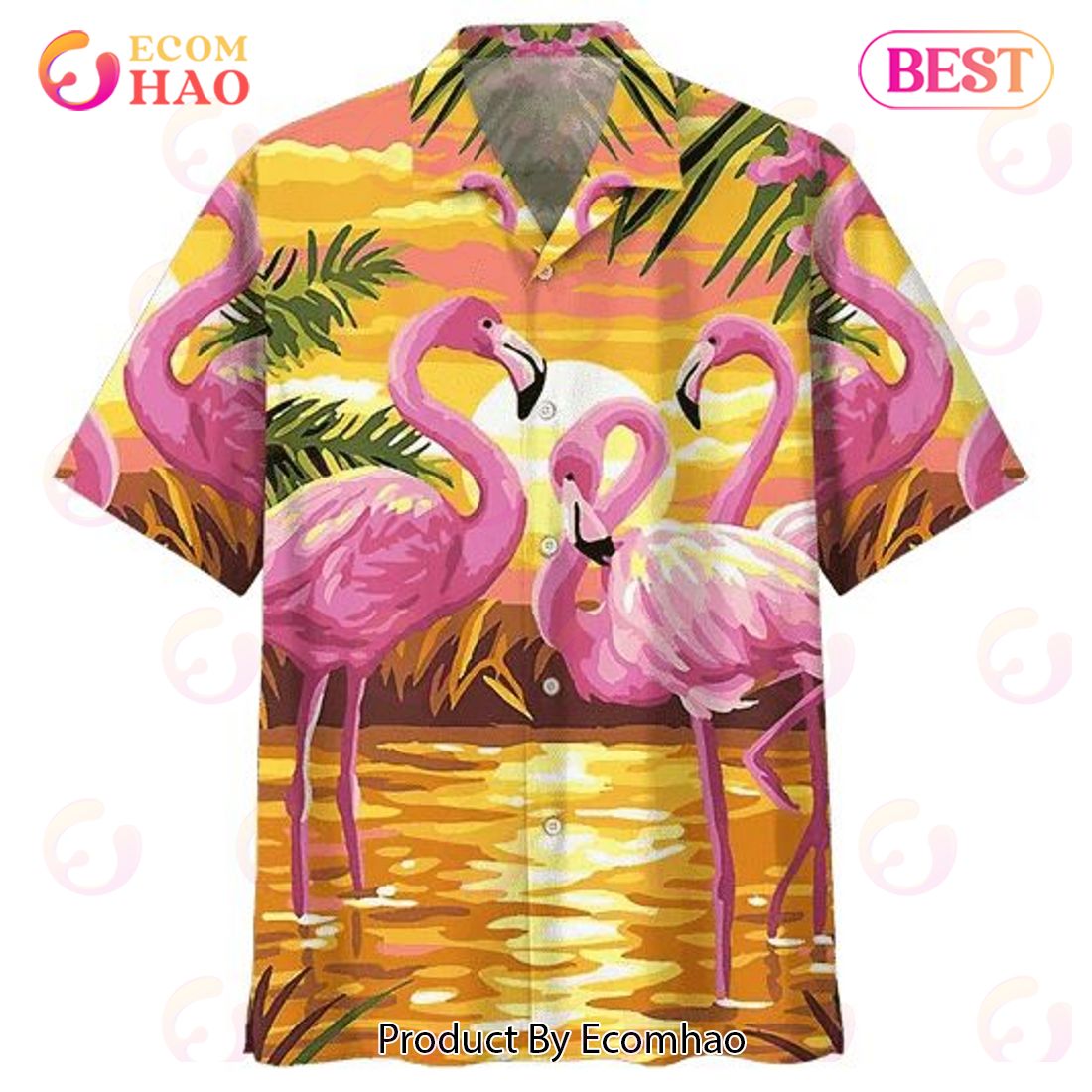 Flamingo In Sunset Print Hawaiian Shirt