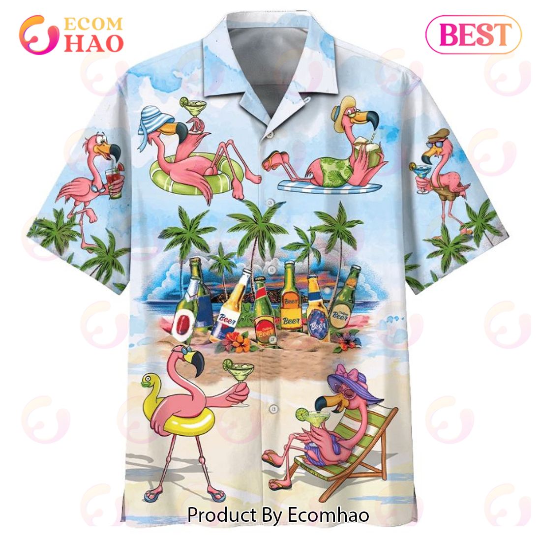 Flamingo In The Beach Print Hawaiian Shirt