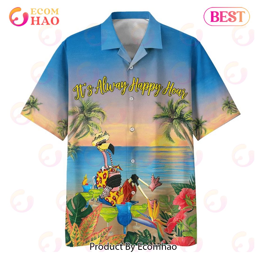 Flamingo Its Alway Happy Hour Print Hawaiian Shirt